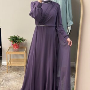 Purple Evening Hijab Dress displayed on a mannequin, featuring elegant design perfect for special occasions, available at Noor Boutique in the GTA.