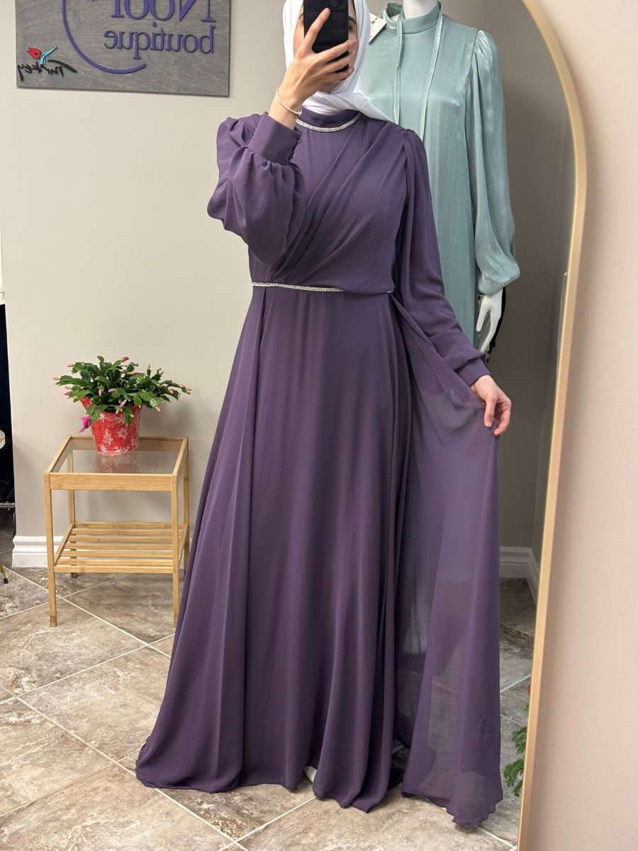 Purple Evening Hijab Dress displayed on a mannequin, featuring elegant design perfect for special occasions, available at Noor Boutique in the GTA.