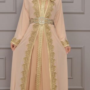 Chiffon 3-Piece Caftan worn by a model, featuring a flowing outer gown, inner dress, and matching belt, available at Noor Boutique in the GTA.