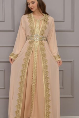 Chiffon 3-Piece Caftan worn by a model, featuring a flowing outer gown, inner dress, and matching belt, available at Noor Boutique in the GTA.