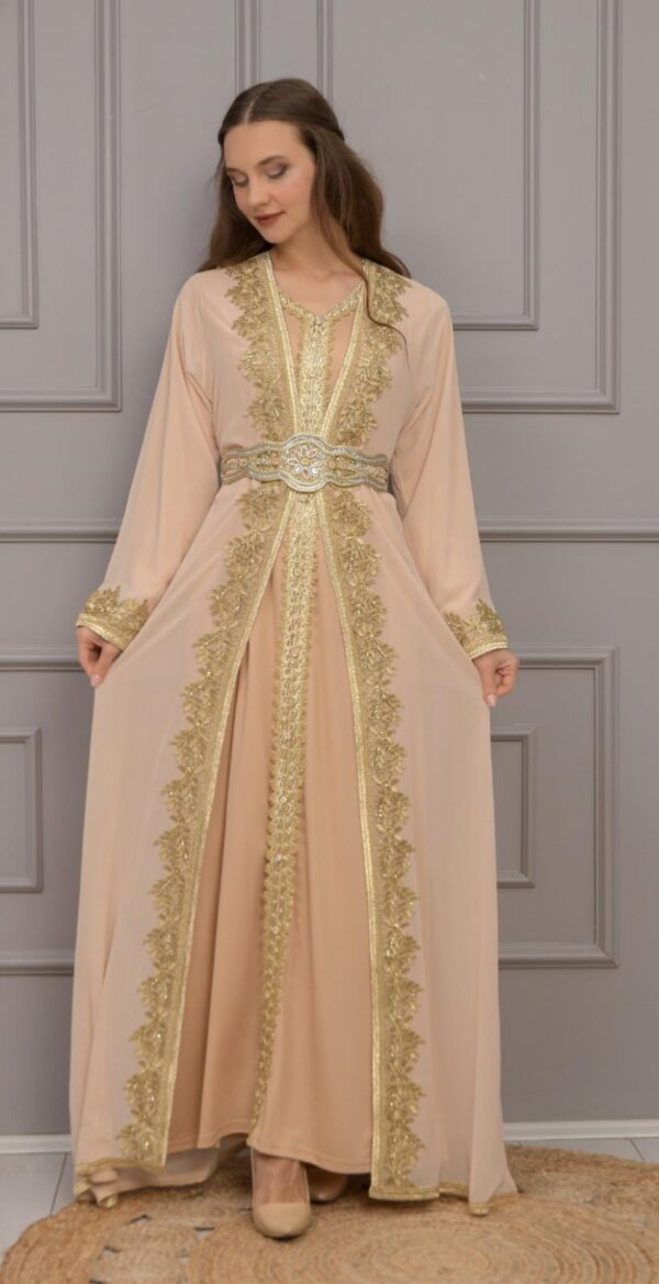 Chiffon 3-Piece Caftan worn by a model, featuring a flowing outer gown, inner dress, and matching belt, available at Noor Boutique in the GTA.