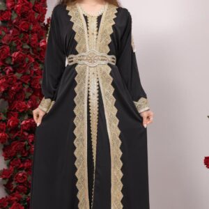 Madina Silk 3-Piece Caftan worn by a model, featuring a silky outer gown, inner dress, and matching belt, available at Noor Boutique in the GTA.