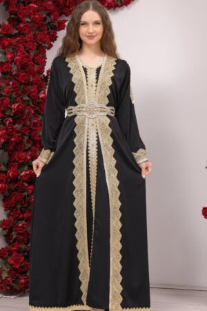 Madina Silk 3-Piece Caftan worn by a model, featuring a silky outer gown, inner dress, and matching belt, available at Noor Boutique in the GTA.