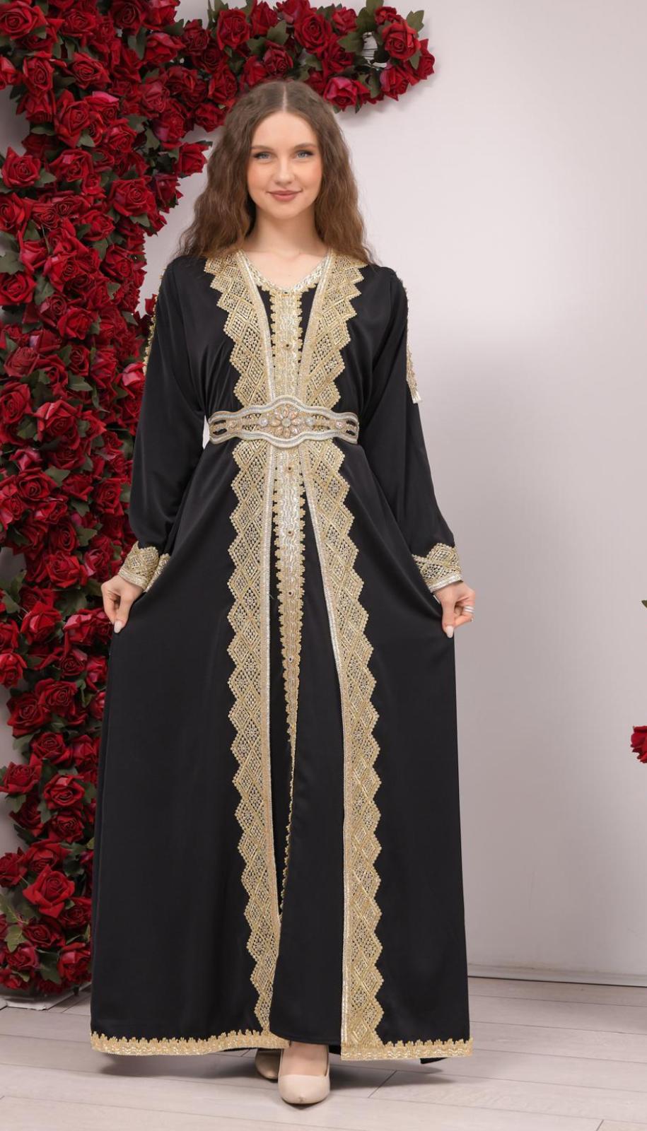 Madina Silk 3-Piece Caftan worn by a model, featuring a silky outer gown, inner dress, and matching belt, available at Noor Boutique in the GTA.