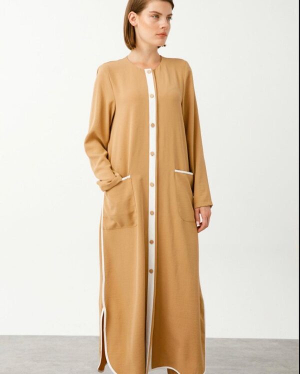 Camel Abaya with Delicate White Detailing - Image 4