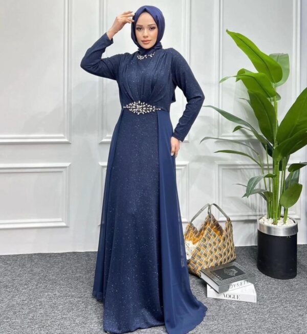 Navy Blue Evening Hijab Dress with Stones - Image 2