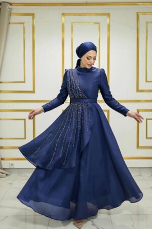Navy Blue Evening Dress with Stones worn by a model, showcasing elegant embellishments and a modest design, available at Noor Boutique in the GTA.