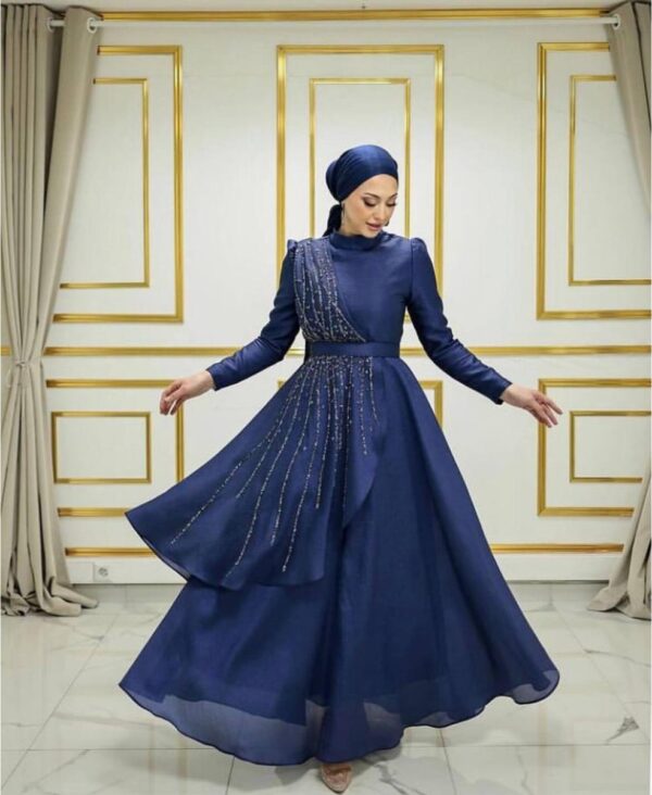 Navy Blue Evening Dress with Stones worn by a model, showcasing elegant embellishments and a modest design, available at Noor Boutique in the GTA.