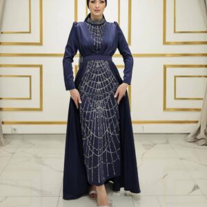 Navy Blue Evening Dress with Shiny Stones worn by a model, featuring elegant embellishments and a modest design, available at Noor Boutique in the GTA.