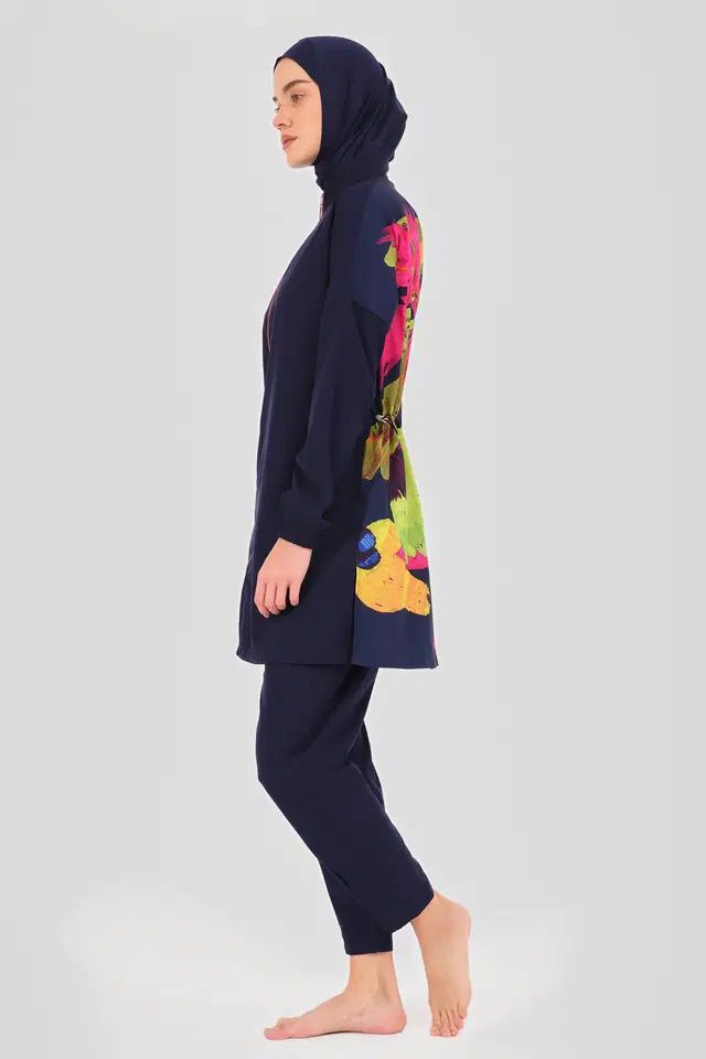 Navy Blue Burkini with Colourful Design Top