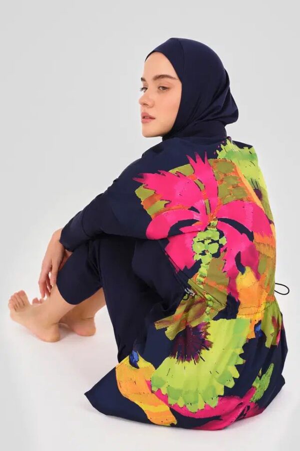 Navy Blue Burkini with Colourful Design Top - Image 2