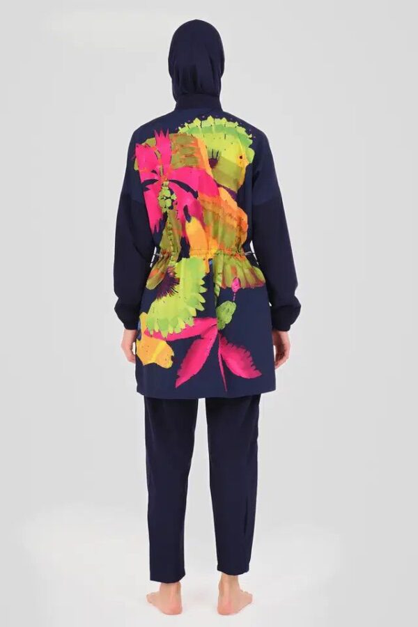 Navy Blue Burkini with Colourful Design Top - Image 4