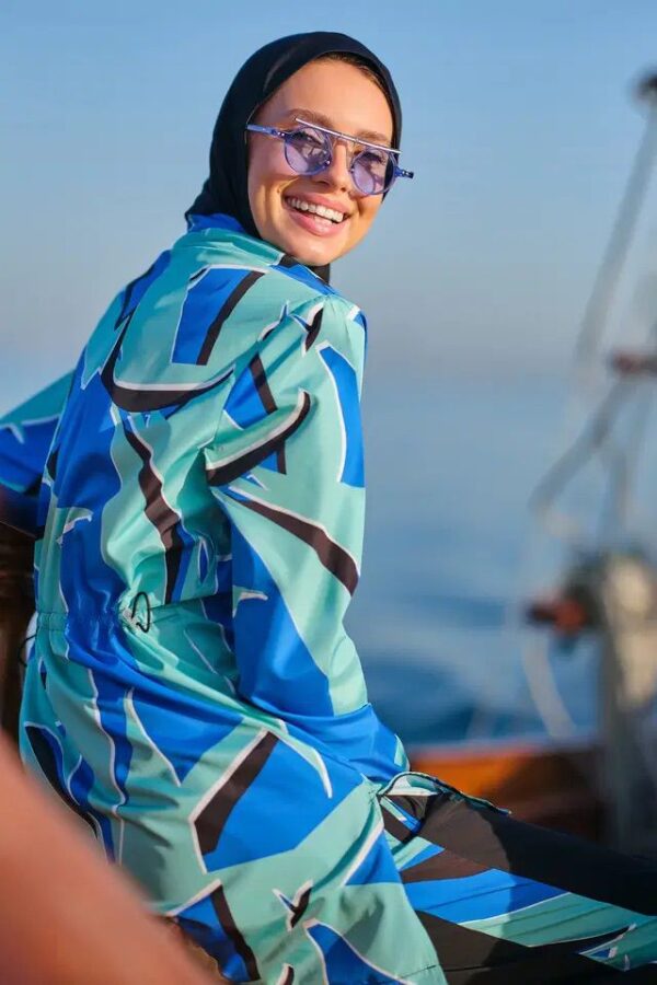 Light Blue Burkini with Colourful Top & Plain Navy Blue Bottom - Image 3