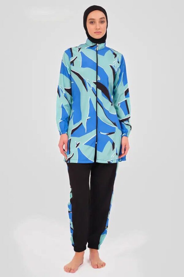 Light Blue Burkini with Colourful Top & Plain Navy Blue Bottom - Image 2