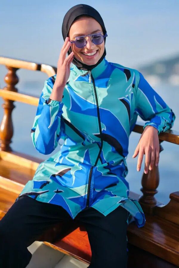 Light Blue Burkini with Colourful Top & Plain Navy Blue Bottom - Image 4
