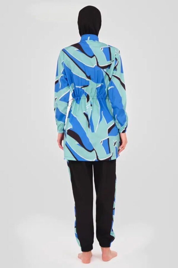 Light Blue Burkini with Colourful Top & Plain Navy Blue Bottom - Image 5
