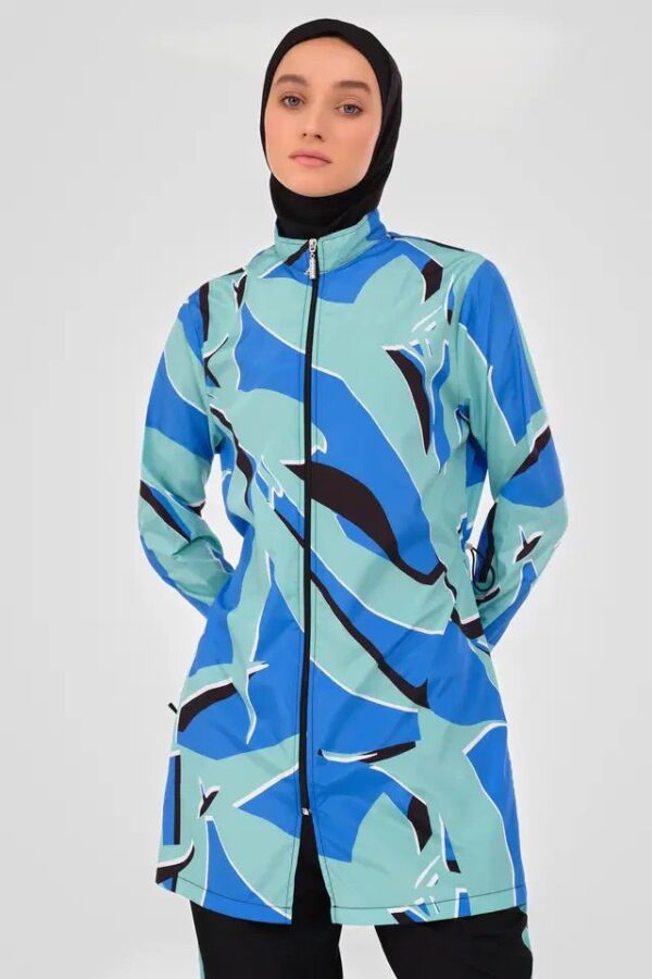 Light Blue Burkini with Colourful Top & Plain Navy Blue Bottom