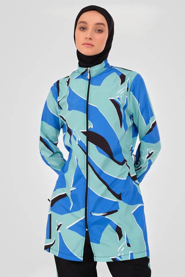 Light Blue Burkini with Colourful Top & Plain Navy Blue Bottom