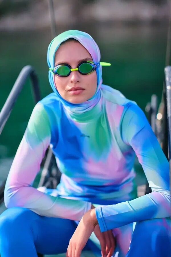Light Blue Burkini with Colourful Design Top - Image 2