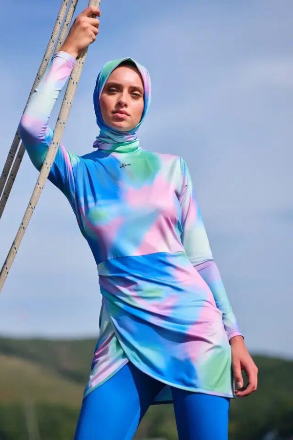 Light Blue Burkini with Colourful Design Top - Image 3