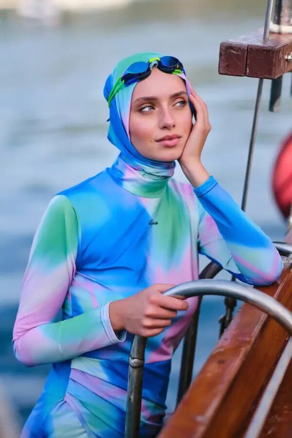 Light Blue Burkini with Colourful Design Top - Image 4
