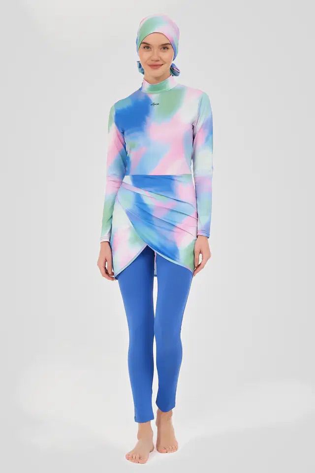 Light Blue Burkini with Colourful Design Top