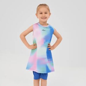 Kids' two-piece modest swimsuit featuring a sleeveless light blue tunic top and matching swim leggings, displayed flat on a light grey background.