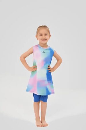 Kids' two-piece modest swimsuit featuring a sleeveless light blue tunic top and matching swim leggings, displayed flat on a light grey background.