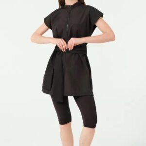 Black short sleeve modest swimsuit for youth and adults featuring a long top and full-length leggings.