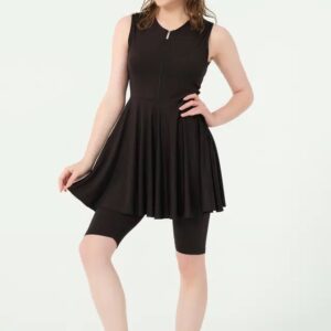 Sleeveless black modest swimsuit set for youth and adults with a long top and full-length swim leggings.