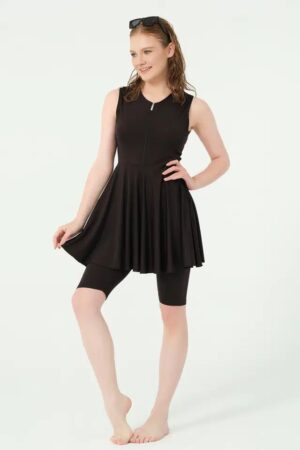 Sleeveless black modest swimsuit set for youth and adults with a long top and full-length swim leggings.