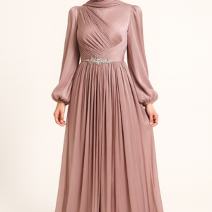 Dusty Rose Draped Pleated Evening Gown