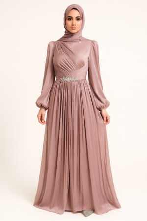 Dusty Rose Draped Pleated Evening Gown