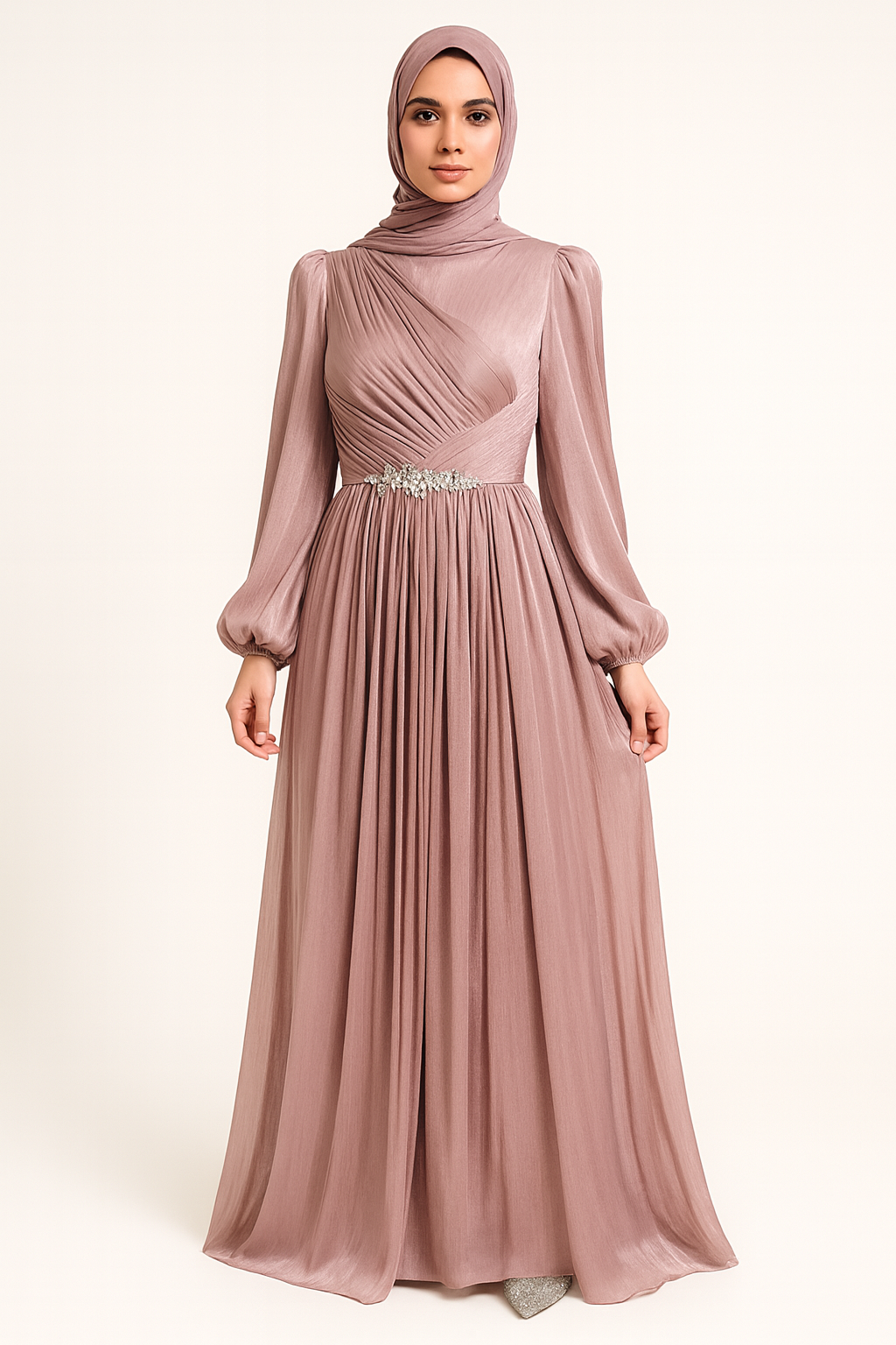 Dusty Rose Draped Pleated Evening Gown