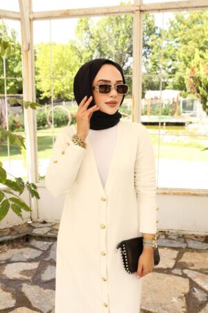 cream knitted long cardigan with gold buttons