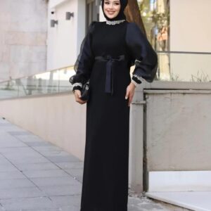 Elegant Black Evening Dress with Stone Detailing