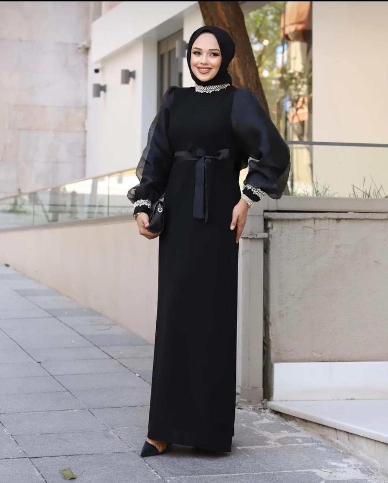 Elegant Black Evening Dress with Stone Detailing