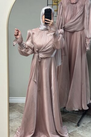 Dusty Rose Satin Modest Evening Gown