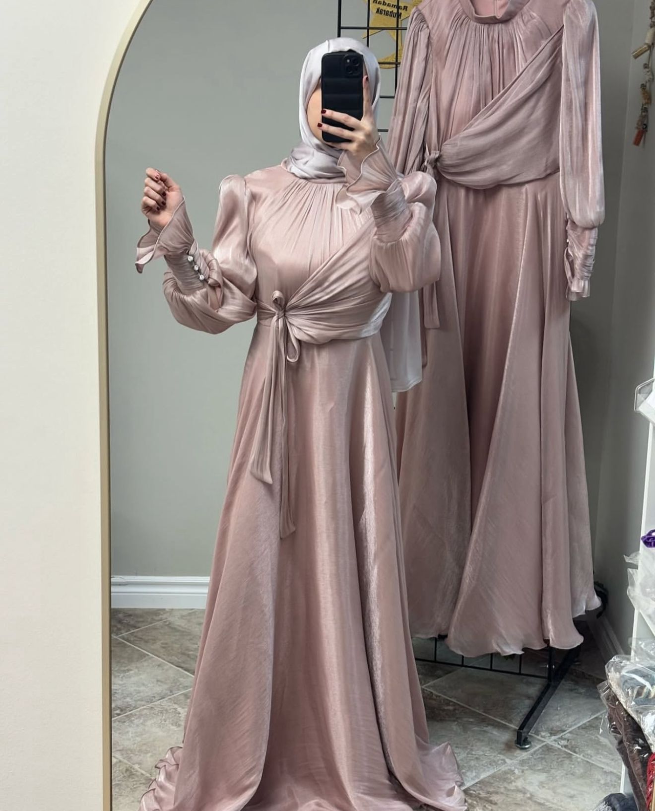 Dusty Rose Satin Modest Evening Gown
