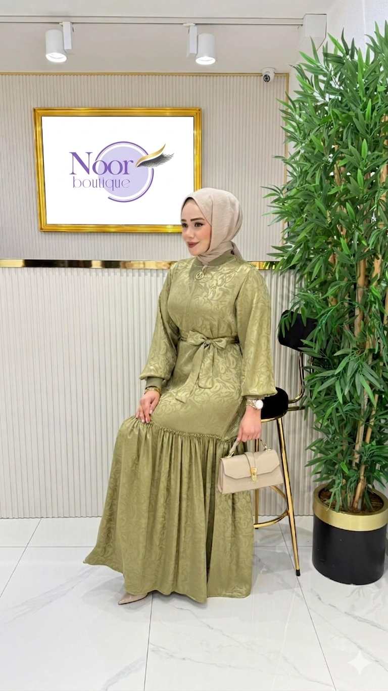 Cotton Jacquard Maxi Dress – Olive Green