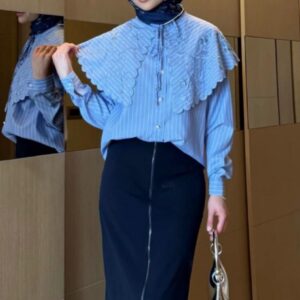 Sky Blue Striped Bib Collar Tunic