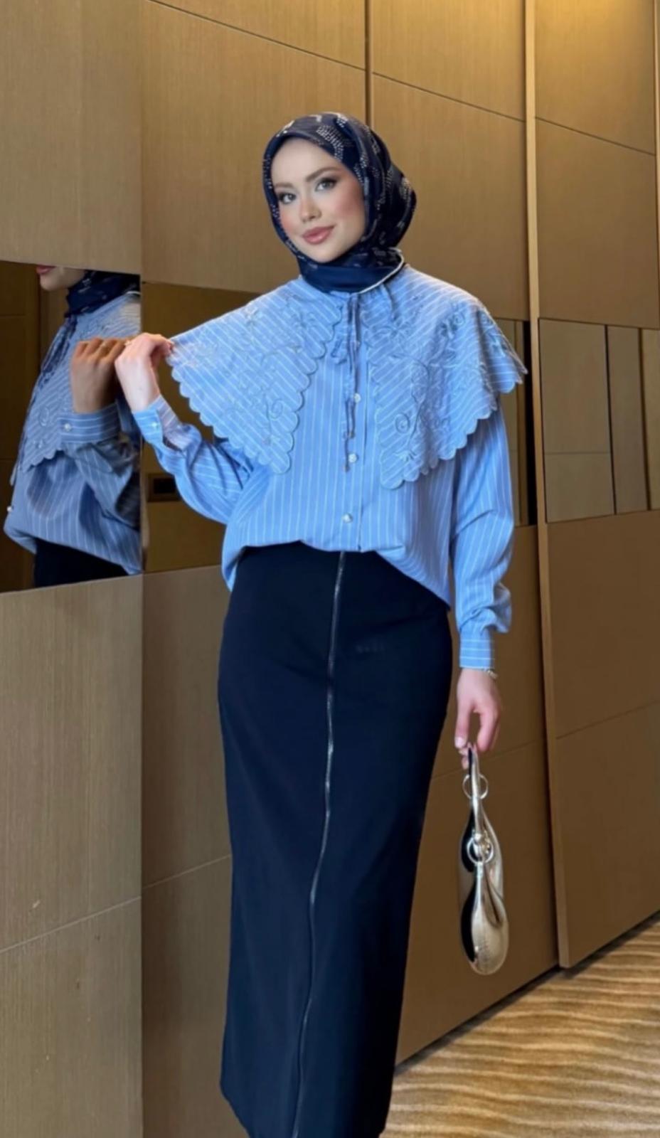 Sky Blue Striped Bib Collar Tunic