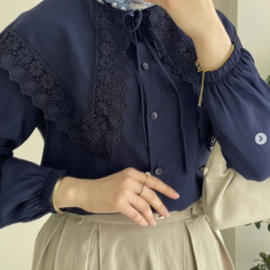 Navy Blue Lace Collar Blouse