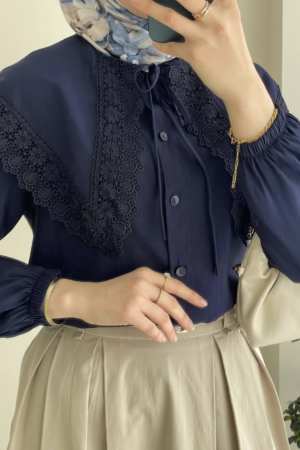 Navy Blue Lace Collar Blouse