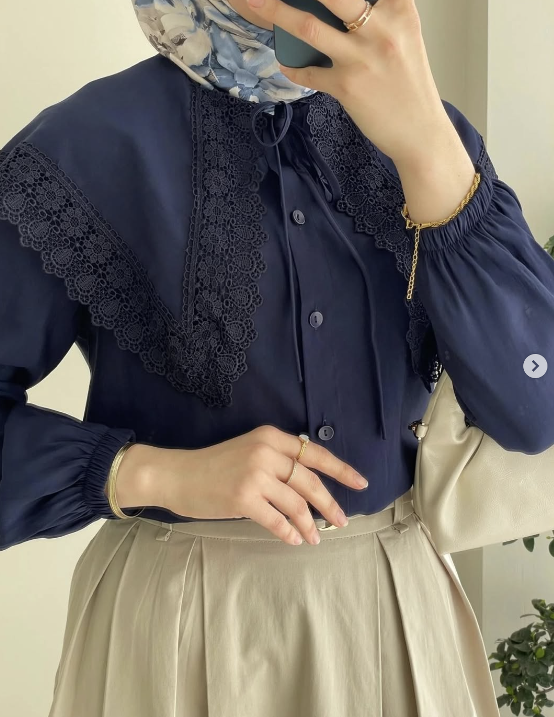 Navy Blue Lace Collar Blouse