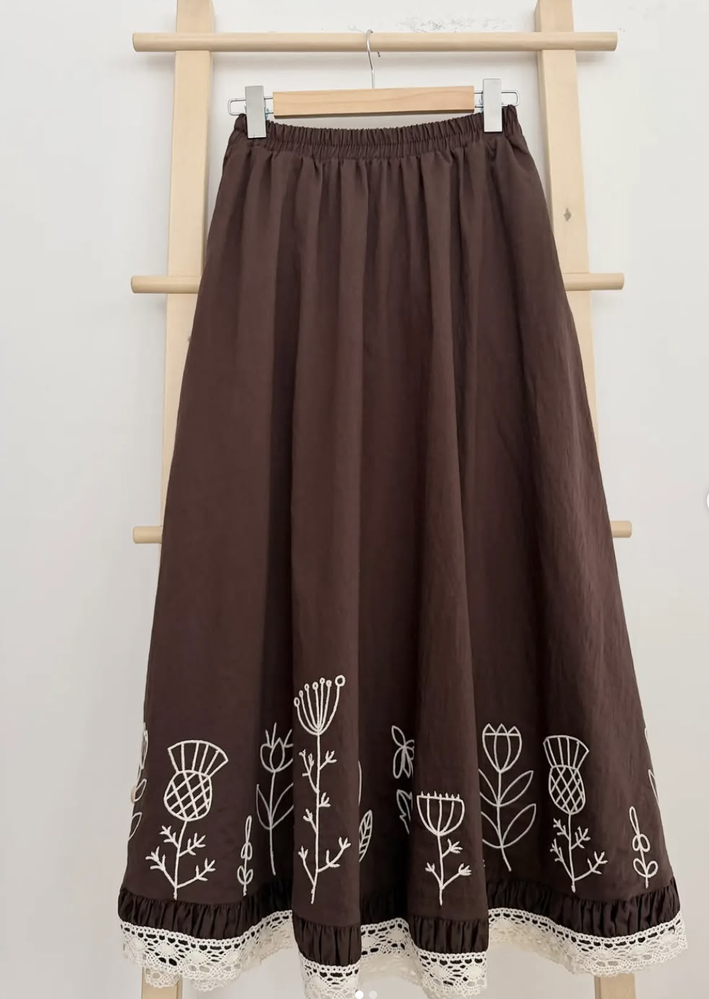 Brown Floral Embroidered Maxi Skirt