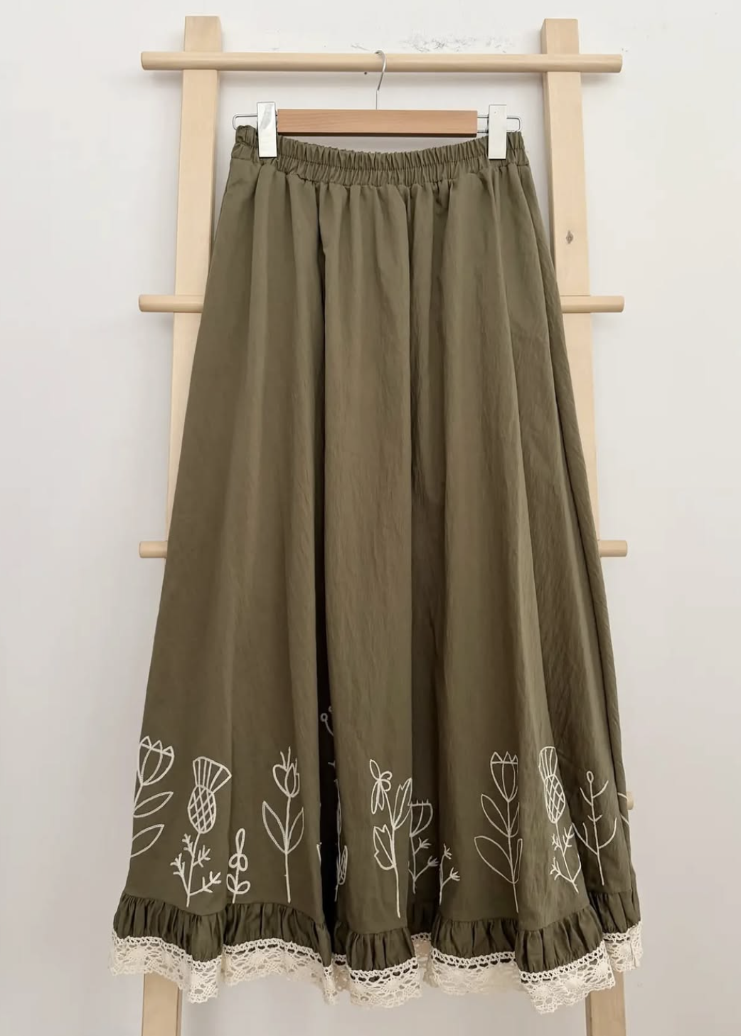 Khaki Floral Embroidered Maxi Skirt
