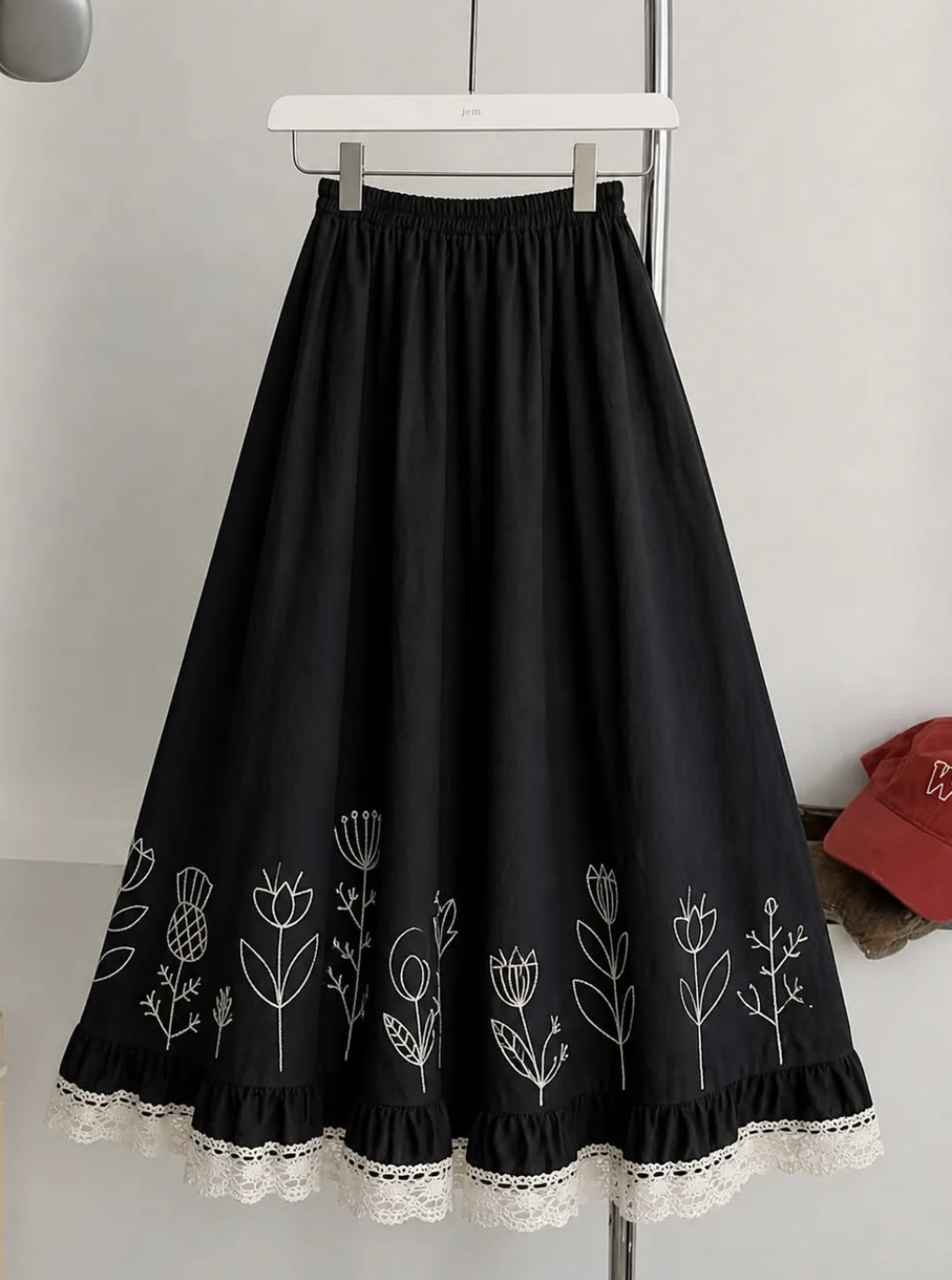 Black Floral Embroidered Maxi Skirt