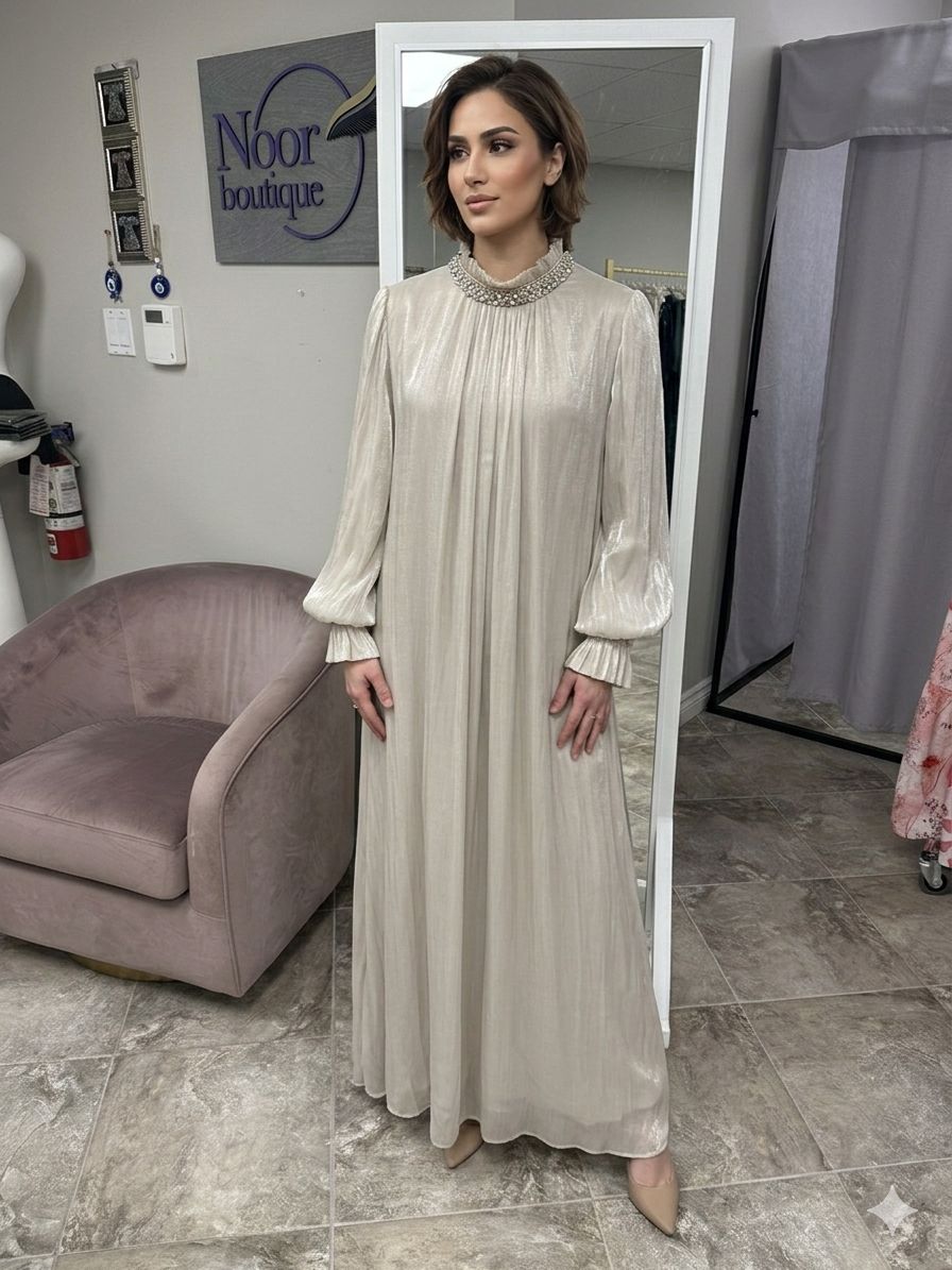 Pearl White Glow Pleated Evening Hijab Dress