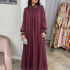 Plum Glow Pleated Evening Hijab Dress